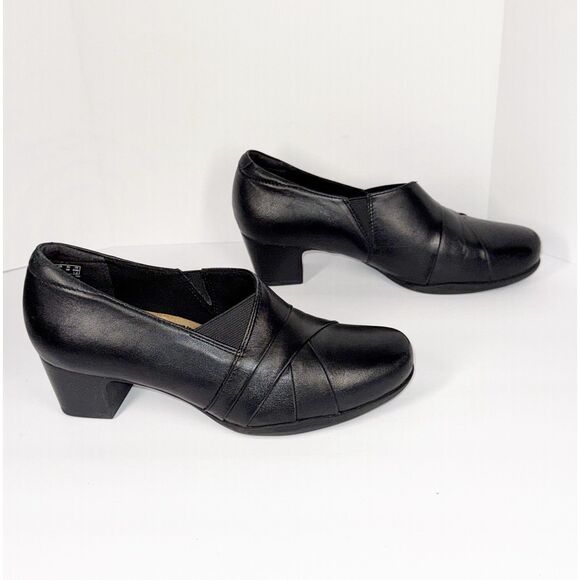 Clarks Rosalyn Adele Black Leather Shootie Block Heel Bootie Pump Office Sz 8 - Picture 13 of 14